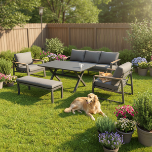 Ensemble de <span class=keywords><strong>salon</strong></span> et salle à manger moderne de 5 pièces, <span class=keywords><strong>table</strong></span> en aluminium, banc, canapé de <span class=keywords><strong>jardin</strong></span>, système de sièges, résistant aux UV, mobilier modulaire pour hôtel - Product Image 1