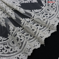 Tissu de Broderie en Cordon Blanc avec Perles de Verre en Tube de Cristal et Paillettes, Dentelle Randa, Tissu Guipure Brodé