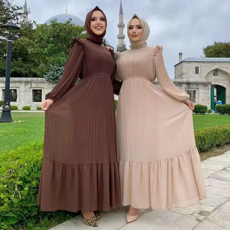 Latest autumn dress lantern sleeve pleated maxi dress ruffle chiffon muslim long dress