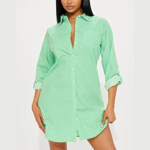 Chinese Factories Custom Logo High Quality Front Button Down Short Mini Shirt Dress Casual Clothing Women Striped Dresses