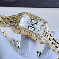 Buzlu Görünümlü Erkek Saati Tamamen Elmas Kaplı Tonneau Kasa Siyah Kadran Hip Hop Lüks Bling Çelik Quartz Kol Saati