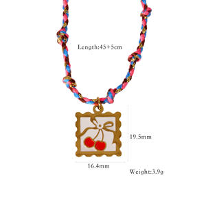 Harga pabrik kartu <span class=keywords><strong>Tarot</strong></span> Enamel wanita kalung liontin besi tahan karat emas 14K cherry hati merah untaian tali katun warna-warni - Product Image 3