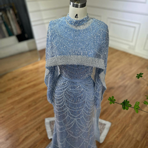 Abiti da sera musulmani completamente coperti a <span class=keywords><strong>maniche</strong></span> <span class=keywords><strong>lunghe</strong></span> blu con mantello sereno Hill LA72032MP eleganti abiti da festa da donna - Product Image 3