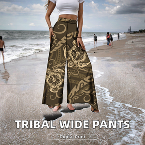 Pantalon large taille haute pour femme, style Puletasi, motif tribal polynésien Elei personnalisé, coupe droite décontractée et respirante - Product Image 2