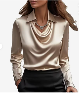 Camicetta Elegante da <span class=keywords><strong>Donna</strong></span> in <span class=keywords><strong>Raso</strong></span> Tinta Unita con Colletto a Balze, Design Semplice per Ufficio o Autunno, Offerta Speciale Taglia XL - Product Image 2
