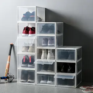 साइड ड्रॉप बड़े आकार का जूता आयोजक बॉक्स प्लास्टिक पारदर्शी स्नीकर स्टोरेज बॉक्स चुंबकीय दरवाजे के साथ जगह बचाने वाला जूता धारक
