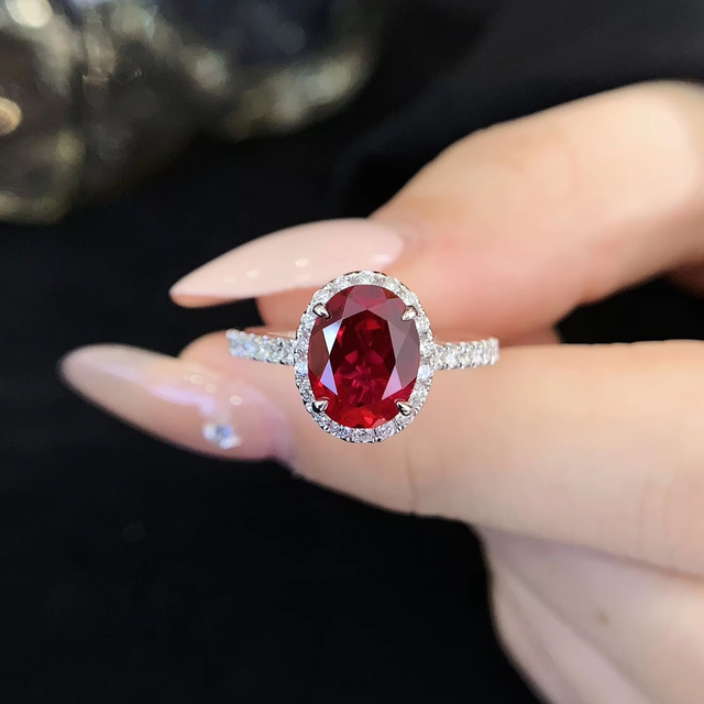 Lab Grown Gemstone Oval Red Ruby Ring Designer Jewelry for Women 18K White Gold  Lab Diamond Vintage Ring