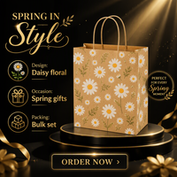 Sacs en papier kraft à motif floral Daisy, sacs de courses, lot de 24 pièces, emballage personnalisé pour les fêtes et la vente au détail