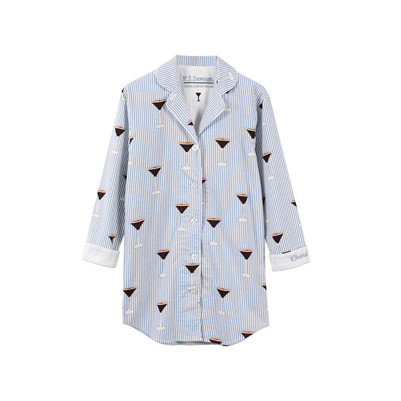 ชุดนอนผ้าฝ้ายขัดมัน ลายแก้วไวน์สีน้ำเงิน