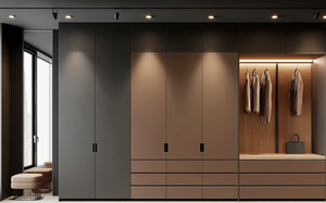 Dressing sur mesure moderne de luxe, armoire autoportante avec cloison en verre, éclairage LED, chambre à coucher, appartement, villa, maison - Product Image 2