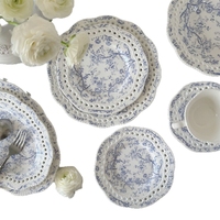Vaisselle en céramique de qualité alimentaire en porcelaine fine, motif végétal bleu victorien français, faite à la main, assiette creuse, tasse et soucoupe, style occidental pour fête