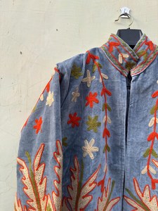 Traditional Suzani-inspired Floral Embroidery Hand Embroidered Knitted Cotton Velvet Varsity <b>Jacket</b> | <b>Short</b> Autumn Winter - Product Image 6
