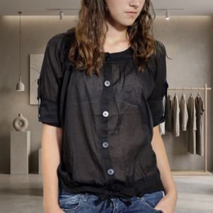 Top elegante para mujer con botón negro transparente, ajuste relajado, dobladillo con cordón y mangas enrollables, colección de blusas y camisas - Product Image 3