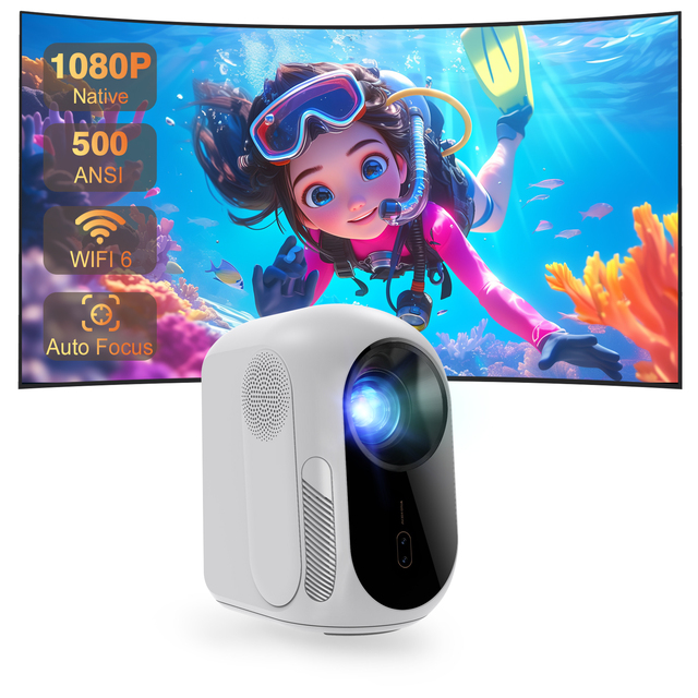 CR55 1080P Portable LED Projector Built-in Android 9 500 ANSI Lumens 32GB ROM Built-in Speakers Auto Keystone Lens Supports 4K