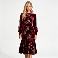 Robe midi élégante pour femme en velours coréen, manches longues lanternes en maille, imprimé floral, ourlet à volants, robe de soirée formelle Sehe Fashion