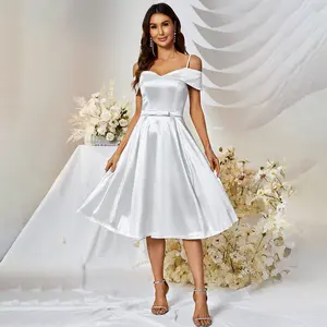 2024 Women's Elegant Sexy Satin Midi Casual Dress Custom Services Cold Shoulder with VNeck Plain Dyed for Vacation and Clubs