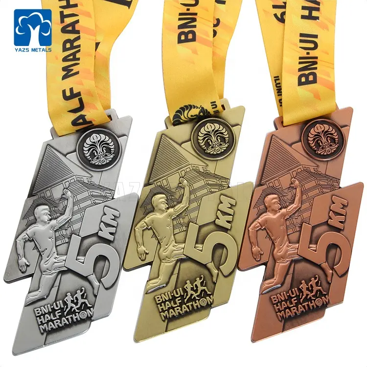 Marathon Hardloop Race Antiek Goud Zilver Koper Metaal 3d Medaille Custom Met Lanyard