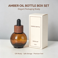 Flacon compte-gouttes en verre ambré rond de 30 ml avec bouchon en bois pour huile essentielle, huile capillaire, sérum facial, emballage en verre