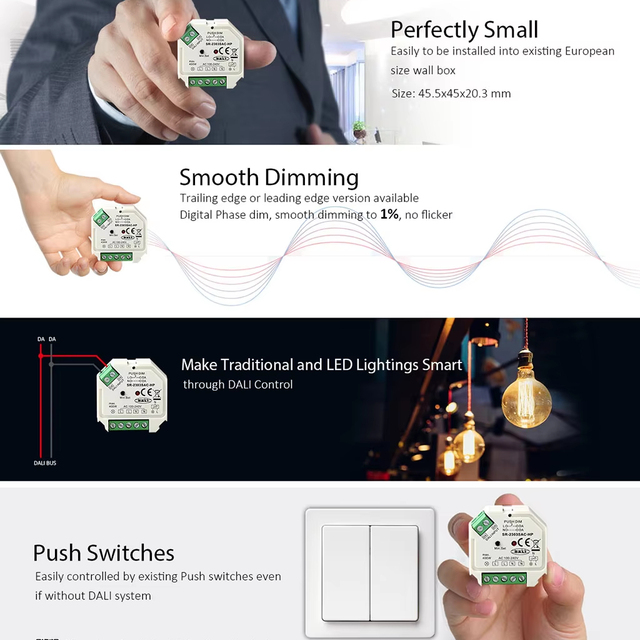 SR-2303SAC-HP Single-Channel DALI Dimmer - European Wall Box Mountable 400W Flicker-Free LED Dimmer