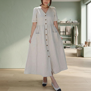 Elegant Women’s Button Down Midi <b>Dress</b>, V-Neck Short Sleeve A-Line <b>Summer</b> <b>Dress</b>, Loose Fit Casual <b>Dress</b> <b>with</b> <b>Pockets</b> - Product Image 4