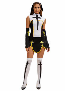 Costume d'Halloween sexy gothique noir et blanc de religieuse, uniforme de cosplay pour adulte, inspiré de la télévision et du cinéma - Product Image 2