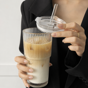 Vertical Ribbed Bamboo Joint Glass Tumbler With Straw Dual Drinking <b>Coffee</b> Cup Aesthetic Promotional Gift <b>Bottle</b> - Product Image 1