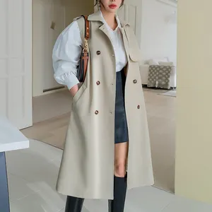 New Arrival Spring Autumn Solid Color Korean Loose Coats Women Long Double Breasted Belted Vest Trench Coat
