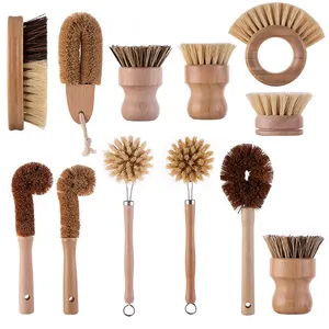 Conjunto de escova de limpeza de madeira, conjunto de escovas de limpeza eco-amigável, de bambu, côco, sisal, garrafa, pote, cabo de madeira