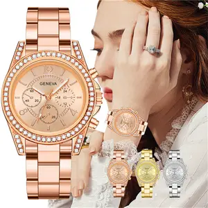 WJ-10486新しいクラシックダイヤルデザインダイヤモンド品質スチール女性腕時計ゴールドメッキ高級クォーツ女性カスタムダイヤモンド時計