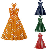 Coldker-vestidos de lunares para mujer, vestidos de lunares de Estilo VINTAGE ROCKABILLY, SWING, fiesta de graduación, amarillo