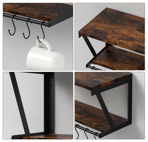 Estante de madera de doble nivel montado en la pared, ganchos de barra de toallas elegantes, estante de barra de café para colgar vino, almacenamiento de tipo de pie elegante - Product Image 6