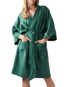 100% Linen Relaxed Long Robe Women Sleepwear Lounge Wear Nightdress Casual Loungewear Pajama Custom Ladies Loose Fit Spa Robes