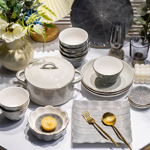 Nordic Style <b>Dinnerware</b> <b>Sets</b> Ceramic Household Under Glazed Color Wholesale Tableware Thickened Rice Bowls Gold Edged <b>Set</b> - Product Image 3