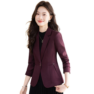 Women's Purple Red Blazer Single Button Fitted Waist Long Sleeve Solid Color Polyester Anti-Wrinkle Professional Suit - Product Image 5