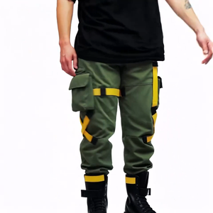 트렌디 한 미드 웨이스트 카모 카고 바지 옐로우 스트랩 멀티 포켓 디자인 힙합 스타일 자수 타이 다이 스판덱스 겨울 다크 - Product Image 1