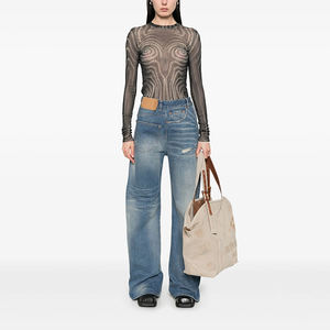 Pantaloni Jeans da Donna Streetwear Personalizzati Vestibilità Baggy Lavaggio Distrutto Asimmetrici a Vita Media <span class=keywords><strong>Sexy</strong></span> Patchwork Lavabili in Denim - Product Image 1