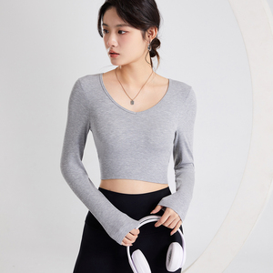 Haut Court <span class=keywords><strong>Femme</strong></span> Ajusté Rembourré Printemps-Été Manches Longues Décontracté Col Cœur Teint Uni - Product Image 1
