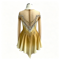 Robe de patinage artistique à paillettes dorées dégradées avec strass, manches longues et jupe en maille pour enfants et adultes, performance de patinage sur glace