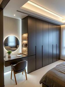 <span class=keywords><strong>Armoire</strong></span> de chambre intégrée sur mesure avec coiffeuse flottante et miroir rétroéclairé par LED pour hôtels et appartements de luxe - Product Image 1