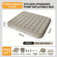 Matelas de camping gonflable triple de luxe beige moderne pliable pour 3 personnes, auto-gonflant, en mousse éponge, résistant à l'humidité