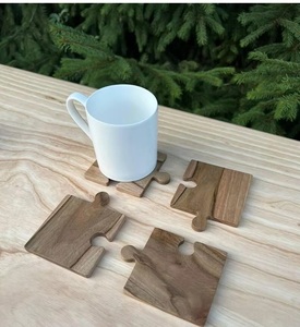 Wood Puzzle <b>Coaster</b> Set With White <b>Ceramic</b> Bowls Irregular Shape Modern Design Non-Slip Mats For Table Decoration - Product Image 1