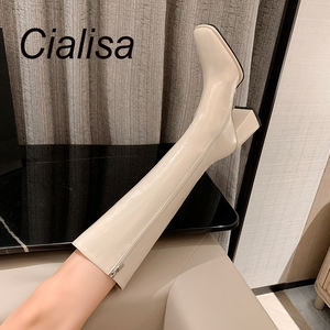 Cialisa-zapatos blancos de piel auténtica para mujer, calzado de tacón alto grueso con punta cuadrada, <span class=keywords><strong>botas</strong></span> largas hasta la rodilla, color blanco, para Otoño e Invierno - Product Image 1