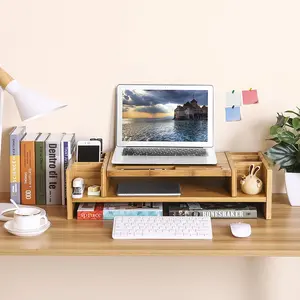 Natural Bamboo Computer Riser Laptop Desk Wood Monitor Stand Riser with 2 Storage Drawers Bamboo Monitor Riser