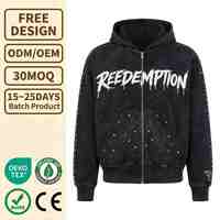 Sudadera con cremallera personalizada 3D con pedrería, de tejido de rizo grueso, con patchwork desgastado, estilo vintage casual de invierno para streetwear.