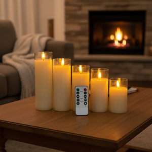 ชุดเทียนแก้วพาราฟินสีขาว 5 ชิ้น พร้อมรีโมท สำหรับงานแต่งงาน วันเกิด งานปาร์ตี้ คริสต์มาส และตกแต่งบ้าน พร้อมไฟ LED - Product Image 1