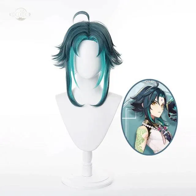 Anime Cosplay dos homens do Dia Das Bruxas Peruca Chifre verde misturado azul Xiao cosplay 40cm perucas Sintéticas de Genshin Impacto