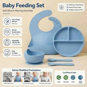 Ensemble de vaisselle pour bébé en silicone sans BPA : bols, assiettes, tasse d'apprentissage, attache-tétine, bavoirs, fourchette, cuillère - Product Image 2