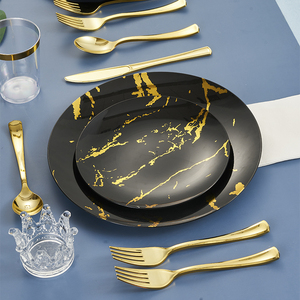 Black And Gold Color Party Wedding Plates Plastic Disposable PS Cutlery Dinnerware Set For 30 Guests