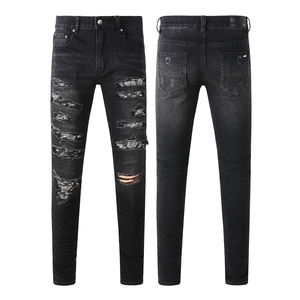 Jean en denim pour homme, coupe crayon, taille mi-haute, déchiré, effet usé, délavé, style streetwear vintage, hiver, haute couture, éco-responsable - Product Image 3