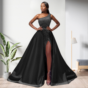 Robe de soirée asymétrique à une épaule avec nœud, ensemble 2 pièces, longueur ras du sol, coupe trapèze, en polyester, pour soirée - Product Image 2